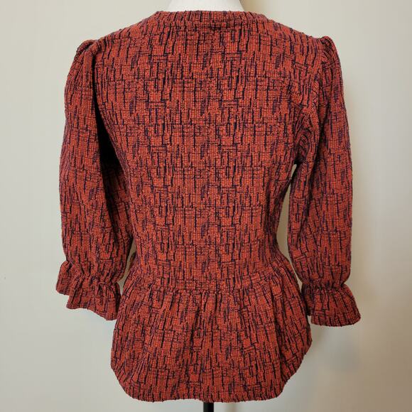 Anthropologie RO+DE Size XS Pullover Ruffle Sleeve Peplum Top Burnt Orange Navy - Picture 3 of 10
